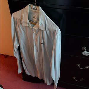 Lacoste Men's White Shirt with Thin Blue Pinstripes